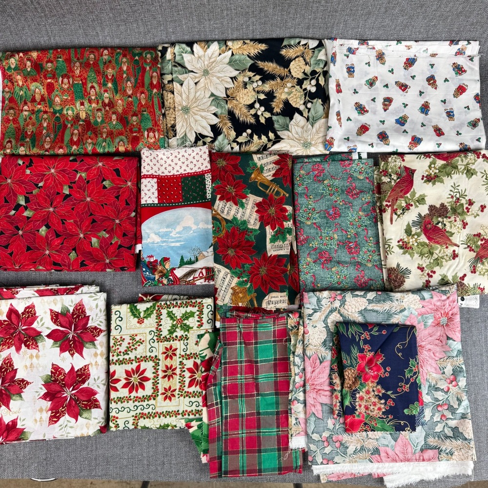 Assorted Christmas Holiday Fabric Remnants Lot Poinsettia Cardinal Over 5lbs